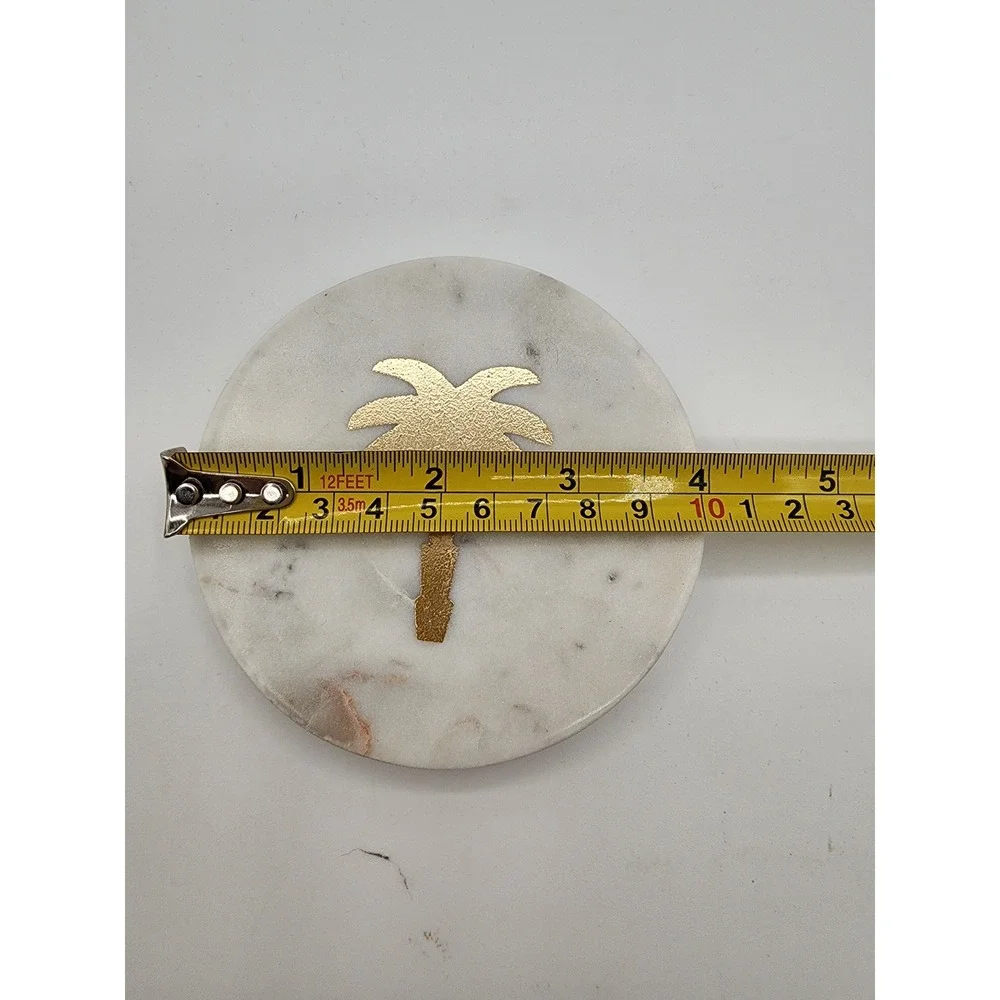 Marble Palm Tree Coasters Gold Foil Inlay Round Stone Drink Tableware Set of 4